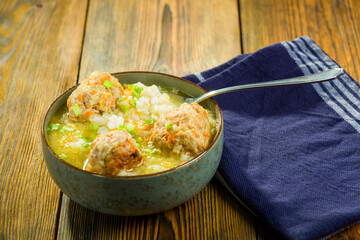 vegetable soup with rice and meatballs