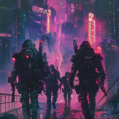 Foto op Plexiglas Cyberpunk surveillance in a neon punk city warriors in heavy armor harness swirling energy © BOMB8