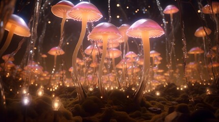 Obraz na płótnie Canvas A field of oversized, luminescent mushrooms casting a soft glow on a congregation of ethereal beings playing musical instruments in a harmonious symphony