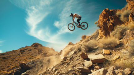 Rocky Trail Jump: Cyclist Embarks on Aerial Journey