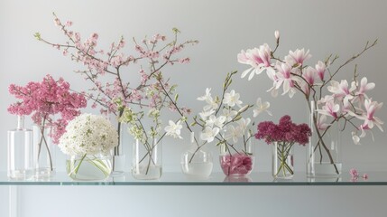  a row of vases filled with flowers on top of a glass shelf with a white wall behind the row of vases filled with pink and white and pink flowers.