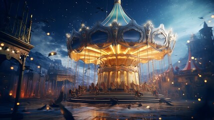 A magical carnival of levitating carousels, with animals carved from stardust, surrounded by laughing, translucent figures enjoying the dreamlike festivities