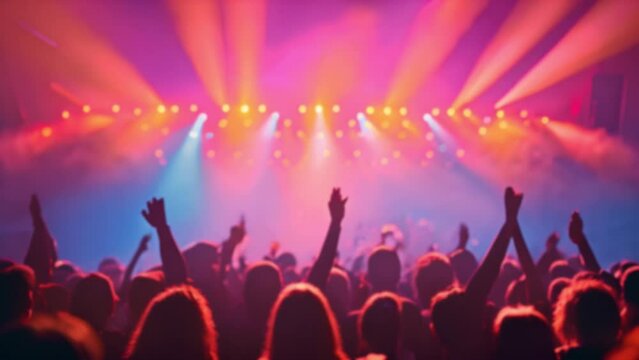 Rear back view of audience crowd people fans raising hands enjoying live music festival concert event rock band silhouettes performance sing on night club outdoor stage. 4k video blurred effect with c
