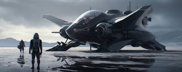 Futuristic spaceship parked on the alien planet