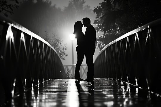 Black and white photo of a loving kissing couple, a girl with a guy on a bridge on a romantic date