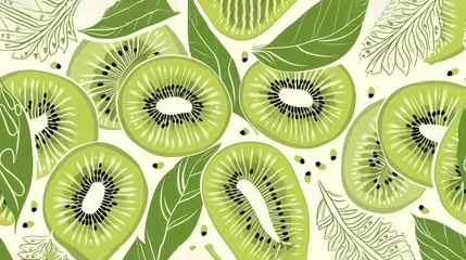 Fotobehang  a close up of a kiwi fruit on a white background with green leaves and leaves on the sides of the image and a white background with green leaves on the sides. © Olga