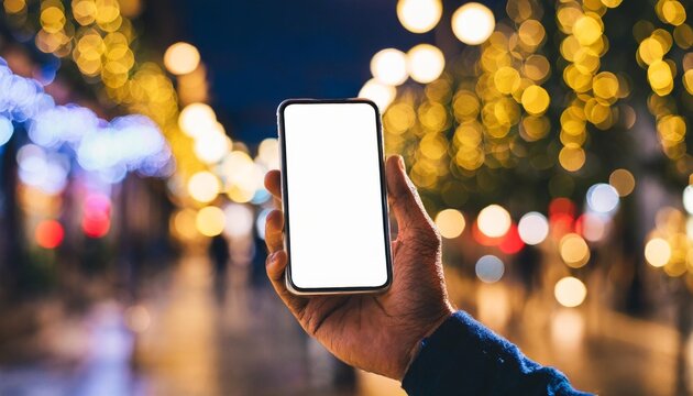 closeup image of male hand holding smartphone with blank screen mockup ready for text message or content man s hands with cellphone empty display night street bokeh light