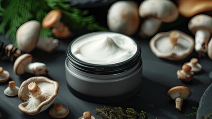 Fototapeta na wymiar cosmetic body cream product from mushrooms on dark background. cosmetics eco-friendly natural product.