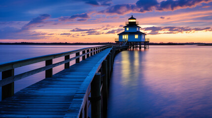 Fototapeta na wymiar Blue hour sunset over Roanoke Marshes Lighthouse