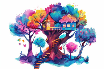 Enchanted Treehouse in a Colorful Forest, a Whimsical Illustration Perfect for Children's Storybooks and Fantasy Themes