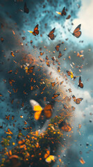 Unique illustration A virus-infected tornado swirls with 3D butterflies