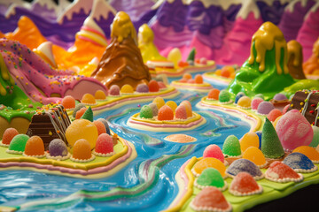Obraz na płótnie Canvas Sugar Odyssey with Candy Islands and Gelatinous Rivers in a Lush Confectionery World – Perfect for Concept Art and Sweet Themed Backgrounds