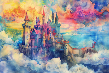 Obraz na płótnie Canvas Majestic Fantasy Castle Soaring Above Clouds at Sunset – Ideal for Children's Books and Fairy Tale Illustrations