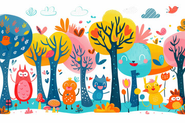 Enchanted Forest Scene with Friendly Animals and Autumnal Trees - Perfect for Children's Storybooks and Educational Materials