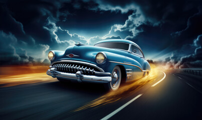 Poster illustration od Vintage beautiful car in movement with amazing background - obrazy, fototapety, plakaty