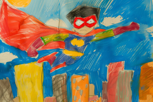 Hand-Drawn Superhero in Flight Over Cityscape – Handcrafted Art Perfect for Children's Room Decor and Encouraging Creativity