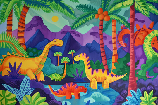 Joyful Dinosaur Paradise: Colorful Illustration of Dinosaurs Roaming a Lush Prehistoric Jungle – Great for Children's Educational Material and Books © Rade Kolbas