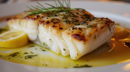  a close up of a fish on a plate with a lemon wedge and a sprig of rosemary on the side of the fish and a lemon wedge on the side.