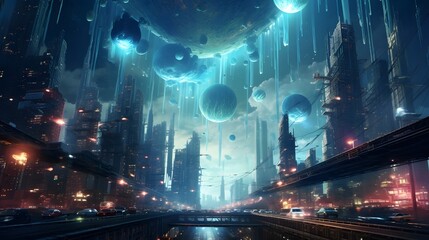 A vibrant cityscape of upside-down skyscrapers, with gravity-defying vehicles navigating the surreal streets above, against a backdrop of swirling nebulae