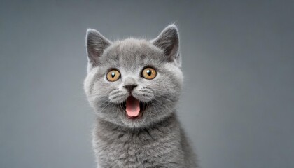 studio portrait of blue british shorthair kitten looking at camera with mouth open on gray background with copy space for advertisement - obrazy, fototapety, plakaty