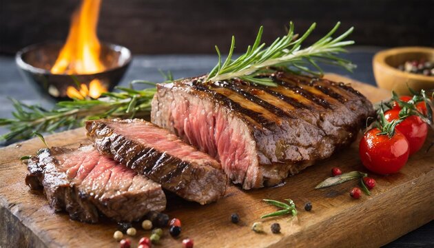 grilled sliced beef steak on a wooden board