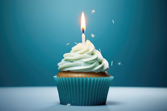 A cupcake adorned with a flickering candle, Cupcake adorned with a single flickering candle, Ai generated