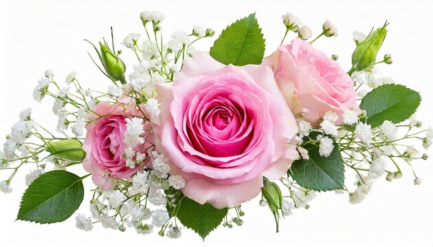 pink rose eustoma and gypsophila flowers in a corner floral arrangement isolated on white or transparent background