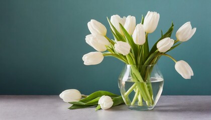 white tulips in transparent vase on color background spring concept