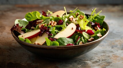  a salad with apples, walnuts, and cranberries is in a brown bowl on a table with a brown table cloth and a brown table cloth on it.