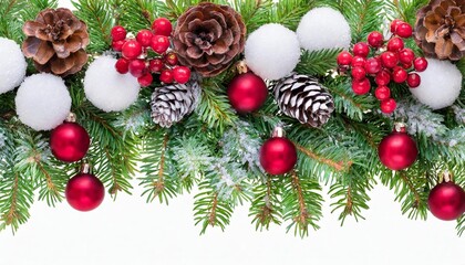 snowberries with green twigs of christmas tree red decorations and cones in a holiday garland for square frame isolated on white or transparent background