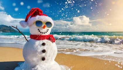 sandy snowman in christmas santa hat and sunglasses at tropical beach against waves splashes