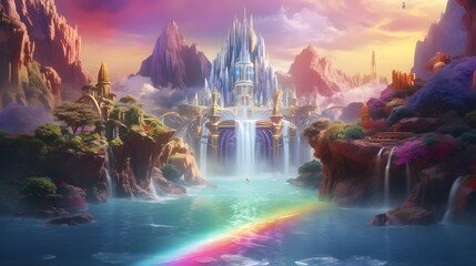Cascading waterfalls made of liquid rainbows, pouring into a crystalline lake surrounded by fantastical creatures wearing mirrored masks and cloaks