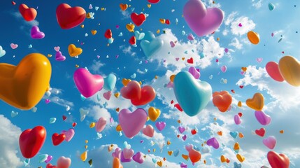  a bunch of heart shaped balloons floating in the air with a blue sky in the back ground and white clouds in the back ground and a lot of heart shaped balloons floating in the air.