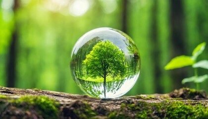 green trees seen in a glass ball or a drop of water against the background of blurred green forest environment conservation or ecology concept