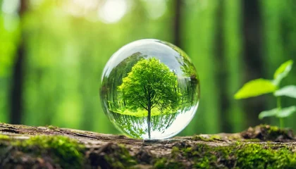 Fotobehang green trees seen in a glass ball or a drop of water against the background of blurred green forest environment conservation or ecology concept © Robert