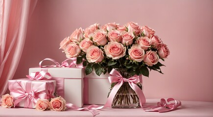 Beautiful bouquet flowers pink roses in vase and gift box with satin bow on pastel pink background table. Birthday, Wedding, Mother's Day, Valentine's day, Women's Day. Front view. Generative AI