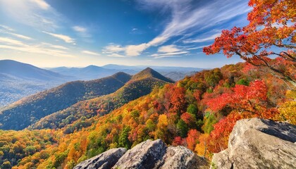 beautiful autumn mountain landscape from a bird s eye view on sunny day mountains covered with trees in autumn with red orange leaves autumn in the forest table rock great smokey mountain sc usa