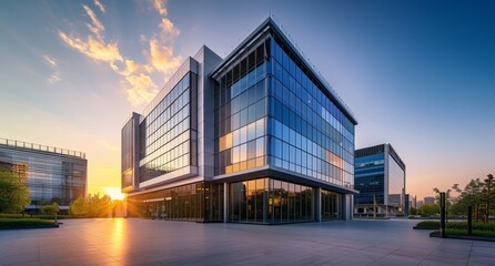 Sunset reflections on modern office building facade. Business center under evening sky. Dusk at the corporate hub. - obrazy, fototapety, plakaty