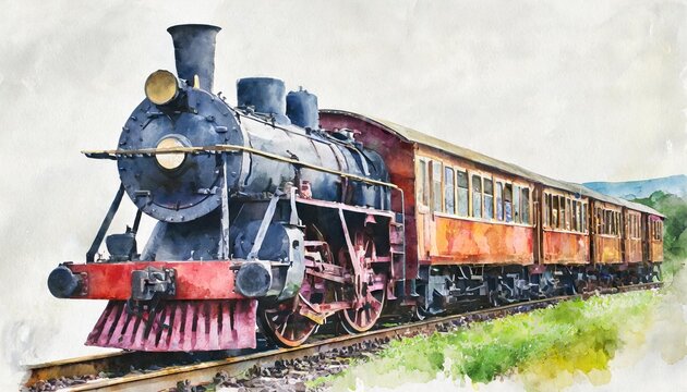 old train isolated on white watercolor paint illustration