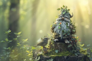 Little gnome sitting on a stump in the forest with birds. A charming woodland scene where a gnome, sporting woodland attire, sits on a tree stump. Two birds, cleverly crafted from leaves and flowers.