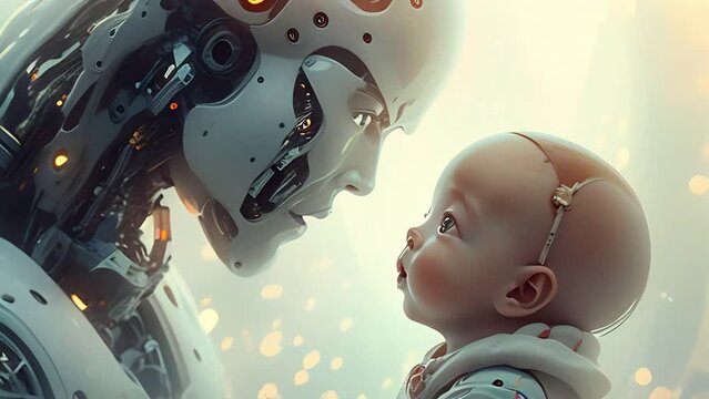 happy robot baby looking at a big cyborg with eyes sitting in his arms
