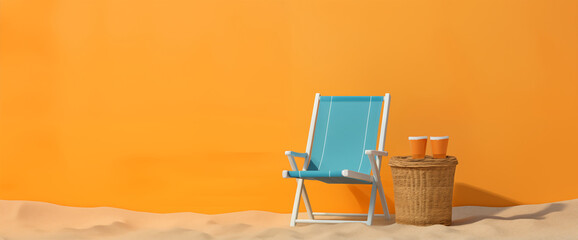 background with beach chair orange wall copy space sand on the ground blue deckchair wicker table with glasses fruit juice drinks vacation holidays sunlight relaxation rest pleasure vivid bold colors - obrazy, fototapety, plakaty