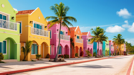  Empty streets in Cap Cana village with colorful houses - obrazy, fototapety, plakaty