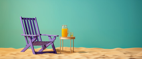 background with beach wooden purple folding chair light green wall copy space sand on the ground little table with glass orange juice drinks vacation holidays concept sunlight relaxation rest pleasure