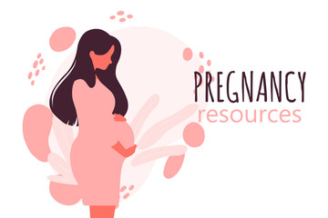 Happy pregnant woman holds her belly. Pregnancy resources type. Active well fitted pregnant female character. Happy pregnancy. Flat cartoon vector illustration