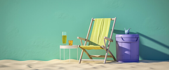 background with beach folding chair light green wall copy space sand on the ground yellow fabric little white and purple tables with glasses and drinks vacation holidays concept sunlight