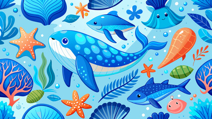 Sea animals blue watercolor ocean seamless pettern fish, turtle, whale and coral. Shell aquarium background. Nautical starfish marine illustration on white background