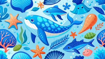 Foto auf Acrylglas Meeresleben Sea animals blue watercolor ocean seamless pettern fish, turtle, whale and coral. Shell aquarium background. Nautical starfish marine illustration on white background