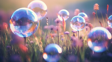 Crystal-clear bubbles containing miniature galaxies floating in a dreamy meadow, where tiny, whimsical beings ride on the surface of the iridescent orbs - obrazy, fototapety, plakaty