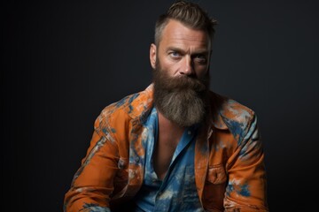 Bearded brutal caucasian hipster with long beard and moustache in orange jacket in studio on black background